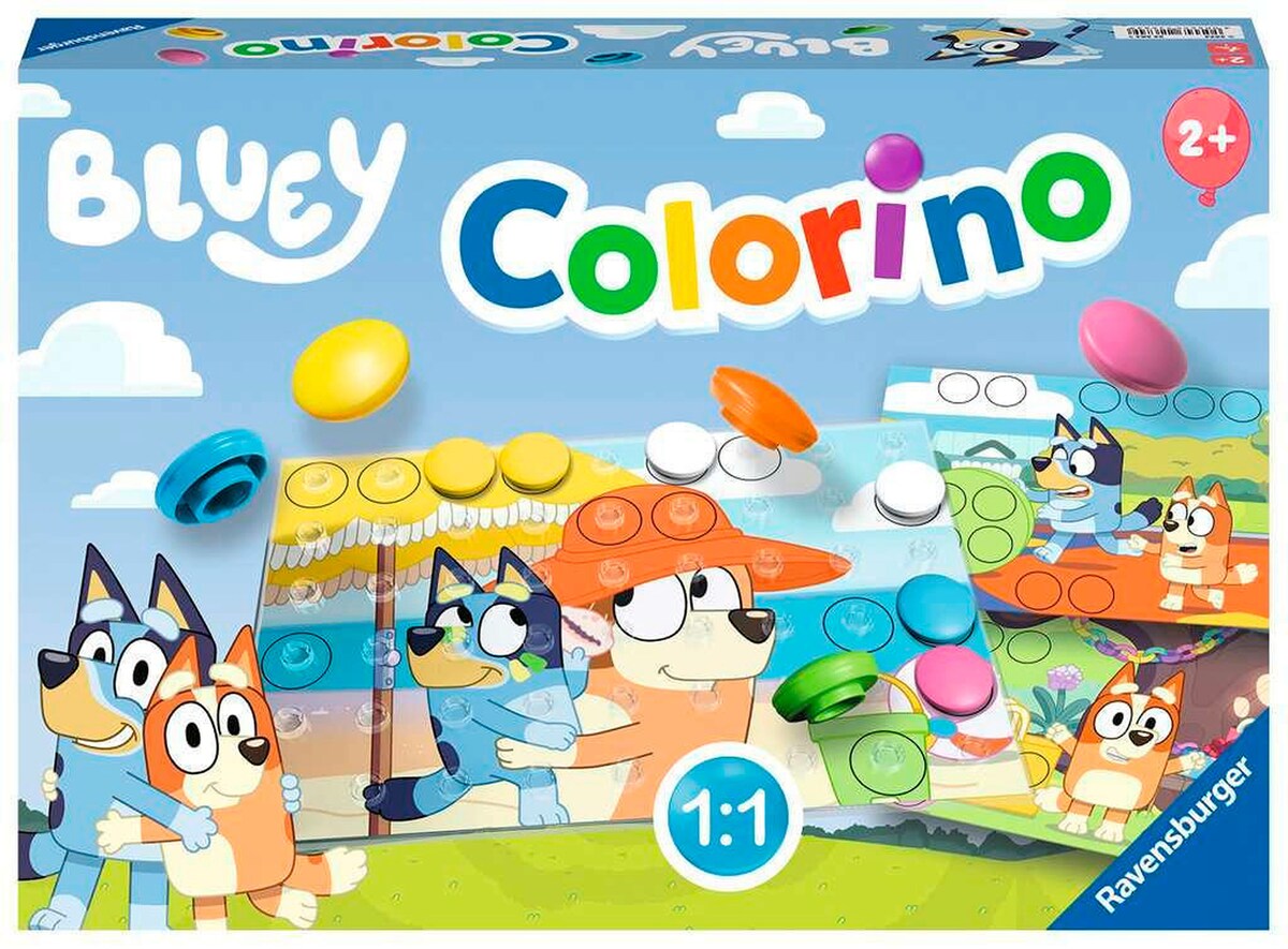 Bluey Colorino fargespill forfra med brikker og maler