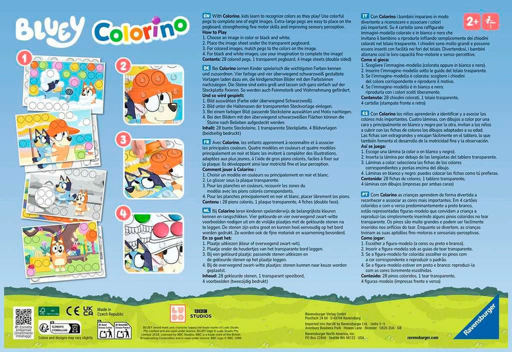Bluey Colorino fargespill bakside med spillplate og brikker
