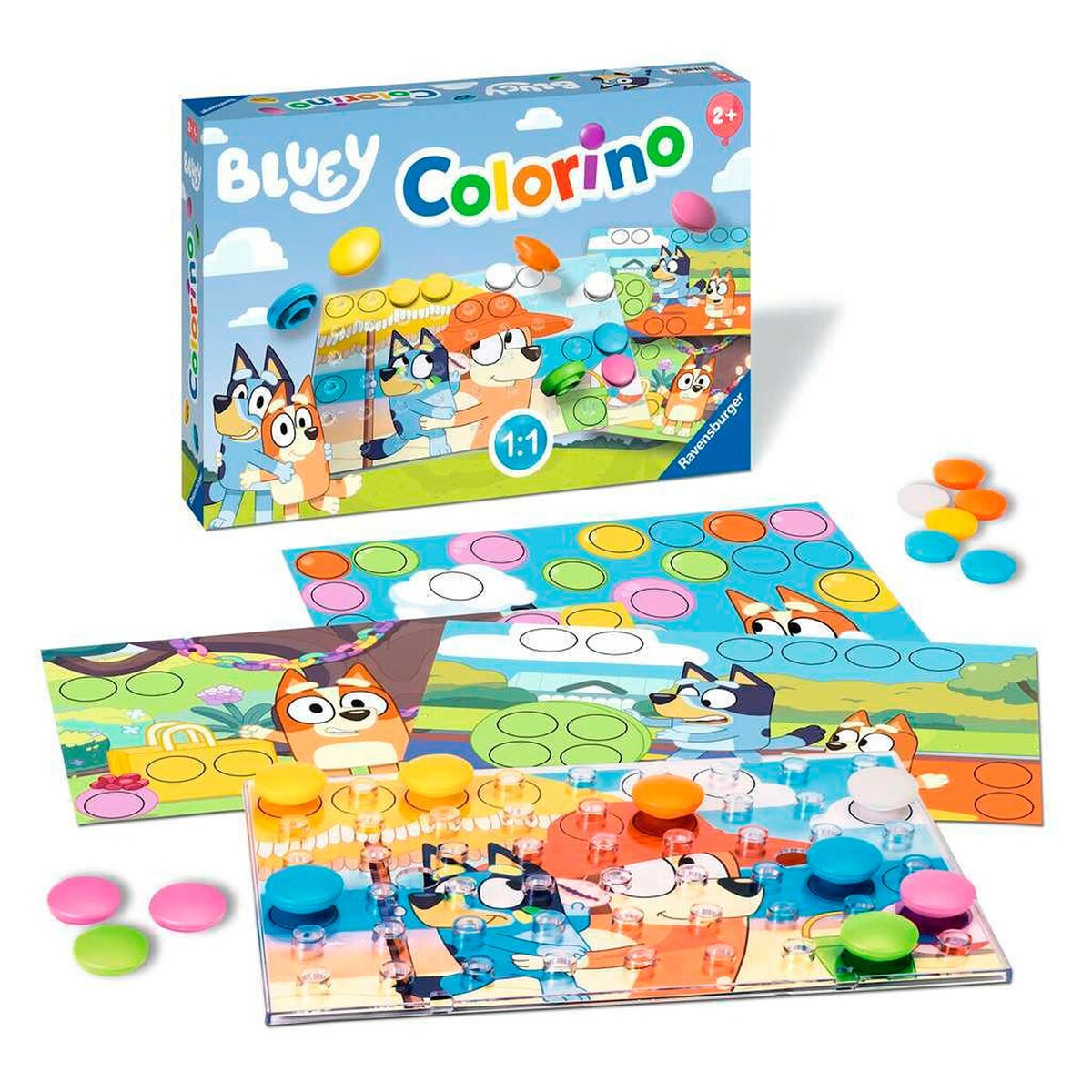 Detalj av fargerike brikker i Bluey Colorino fargespill