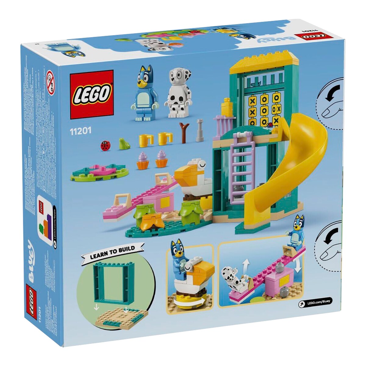 Nærbilde av LEGO minifigurene Bluey og Chloe fra Bluey og Chloe på lekeplassen 11201