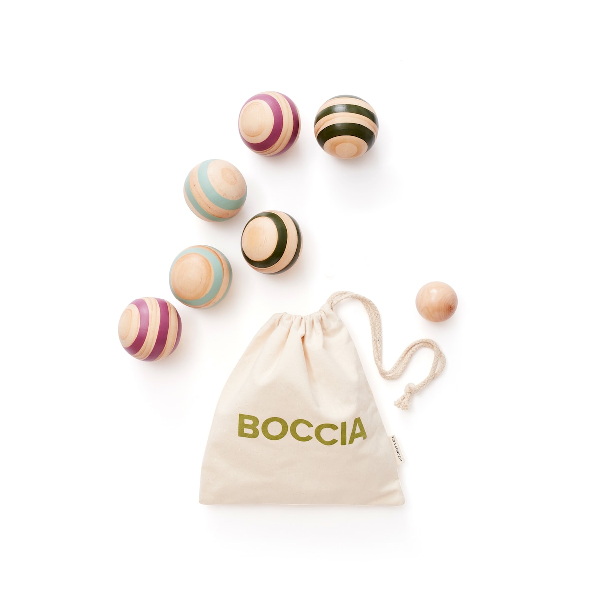 Boccia-sett i furu med oppbevaringspose fra 3 år forfra