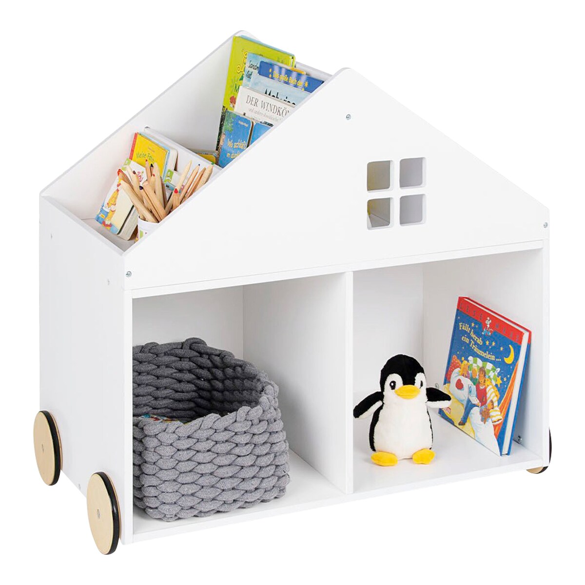 Bokhylle husform med hjul 74x40x69 cm MDF forside