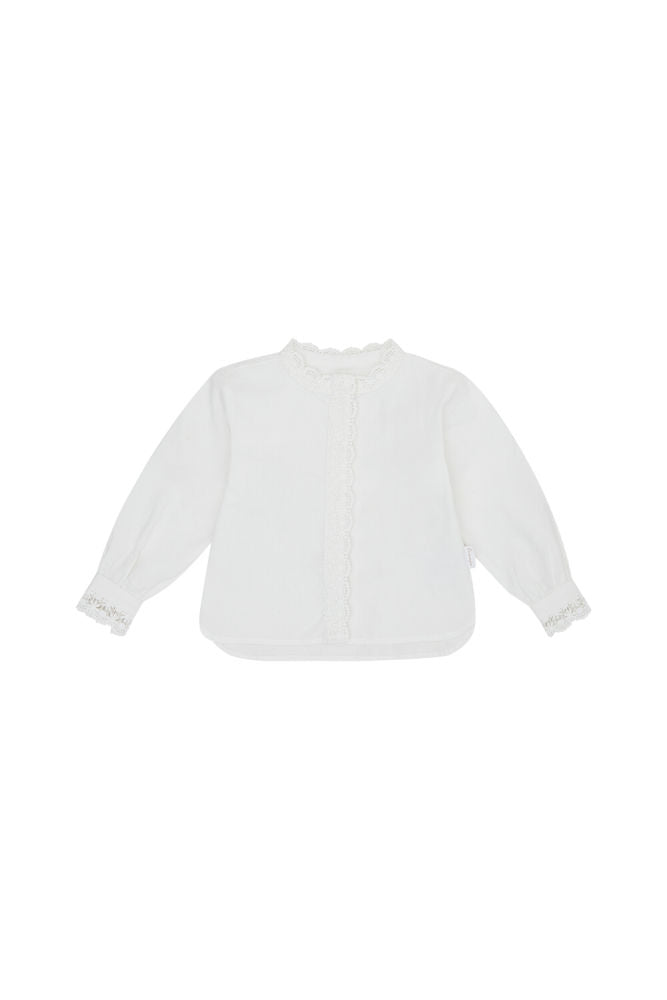 Bomullsbluse med blomsterblonde str. 74/80 hvit forfra