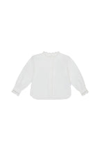 Bomullsbluse med blomsterblonde str. 86/92 hvit forfra