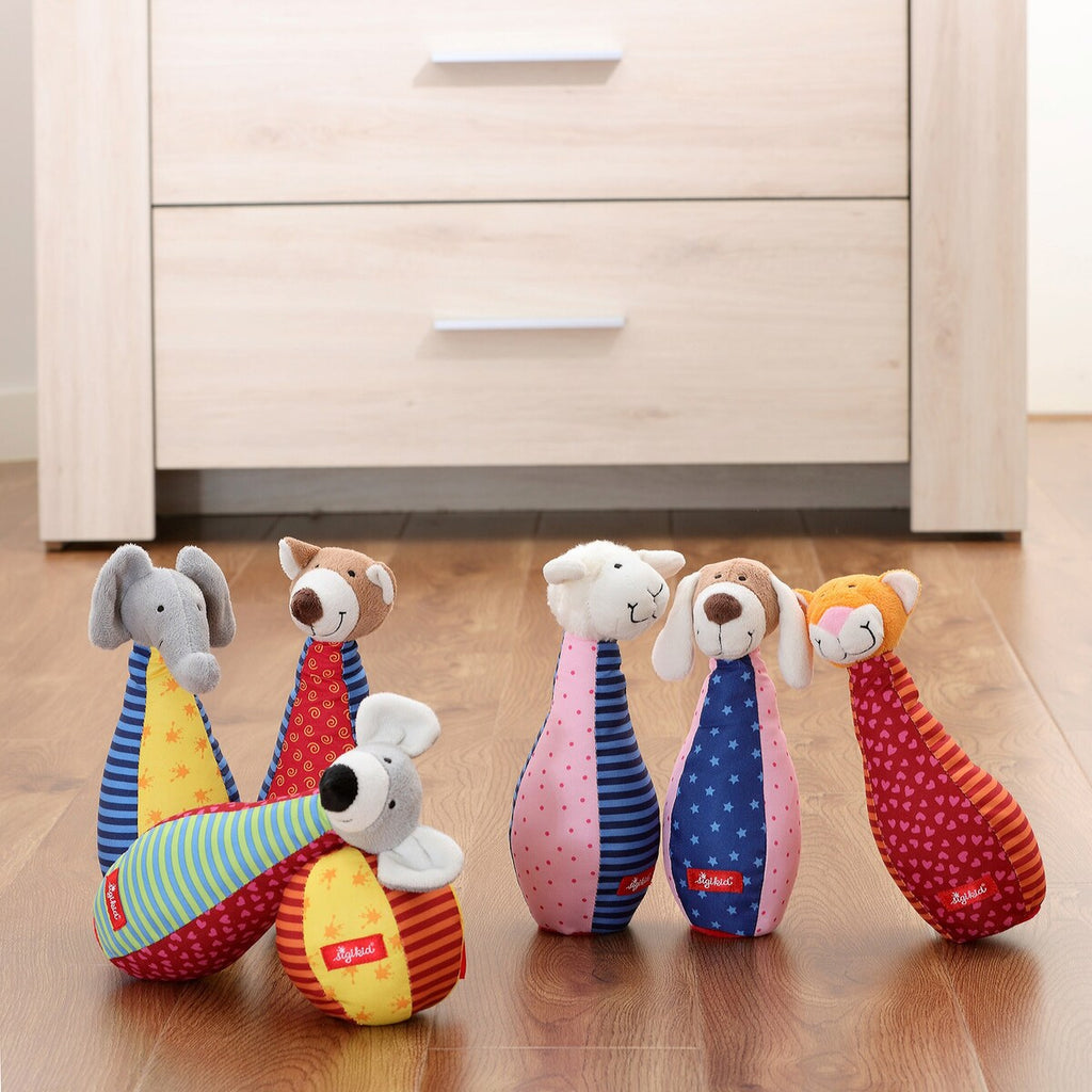 Bowlingspill med 6 dyrefigurer i stoff fra 3 mnd detalj av dyrefigurer
