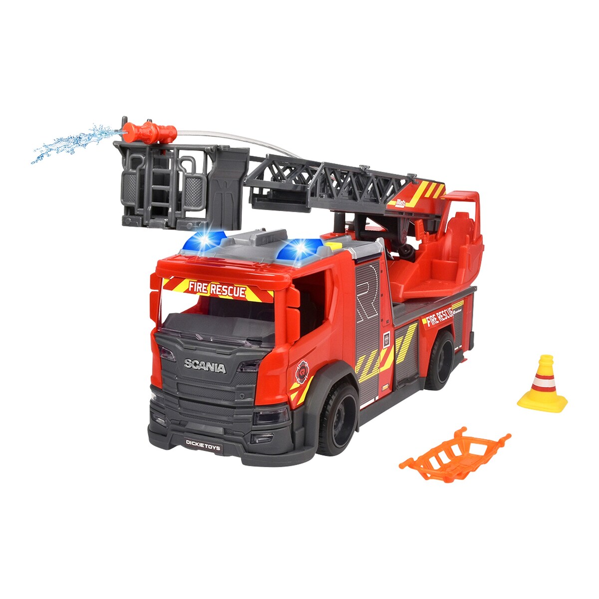 Brannbil Scania med dreiestige, lyd og lys 35 cm bakside