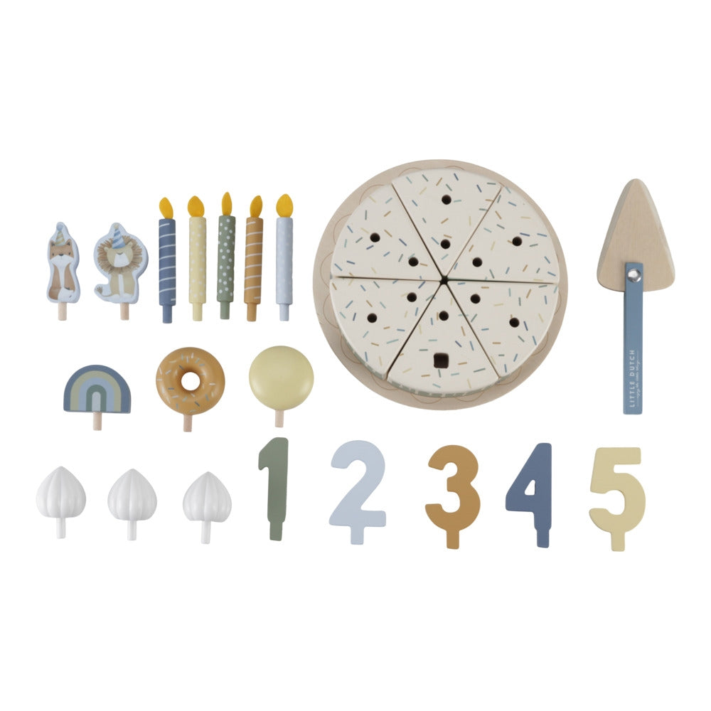 Oversikt over alle deler i Bursdagskake i tre blå med dekorasjon og lys - Little Dutch