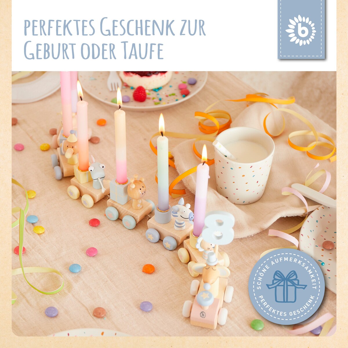 Bursdagstog i tre Scandi-Chic Candy med tall 0-9, lys og vogn detaljer