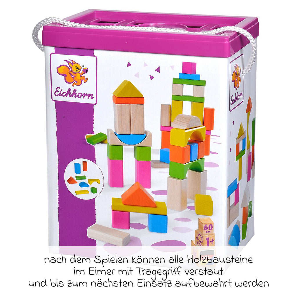 Byggeklosser i tre 60 stk, farget og natur, i boks - Eichhorn