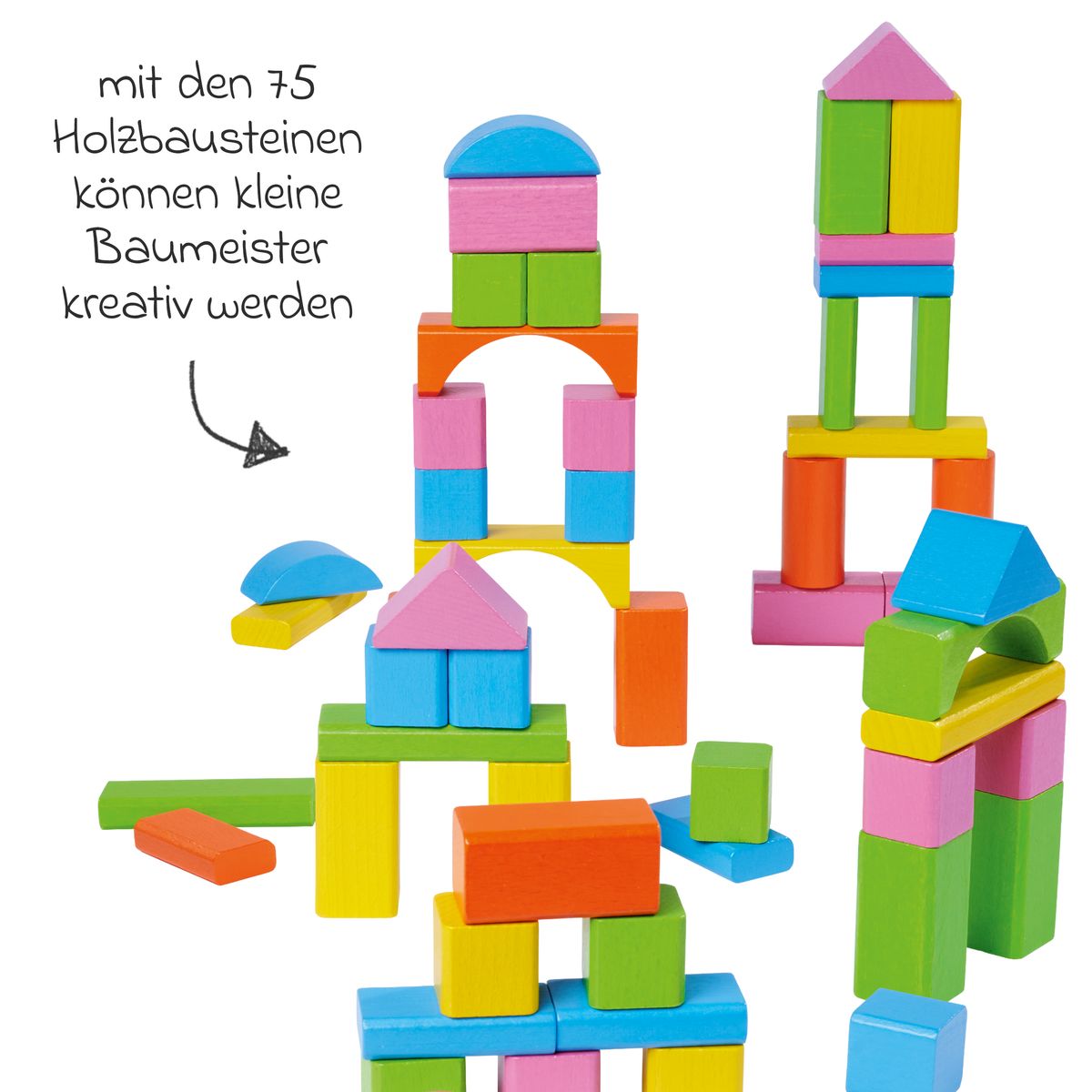 Byggeklosser i tre 75 stk med sorteringslek i boks - Eichhorn bakside