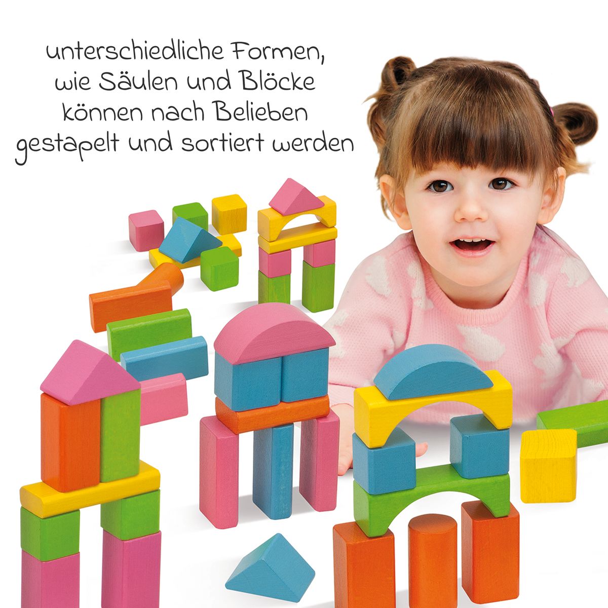 Byggeklosser i tre 75 stk med sorteringslek i boks - Eichhorn detalj av klosser