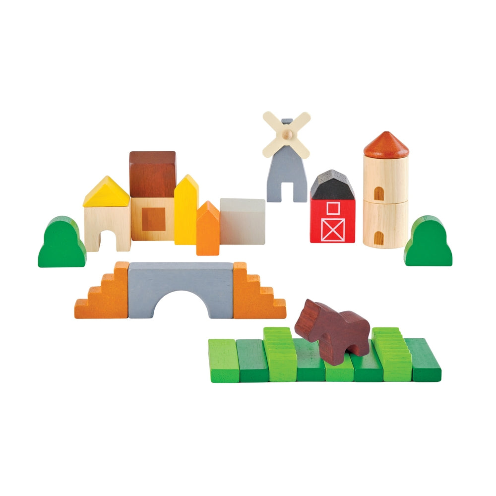 Byggeklosser i tre landsby 27 deler - PlanToys forfra