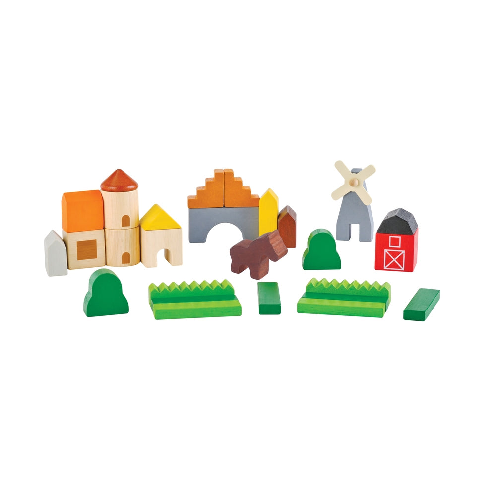 Byggeklosser i tre landsby 27 deler - PlanToys oversikt