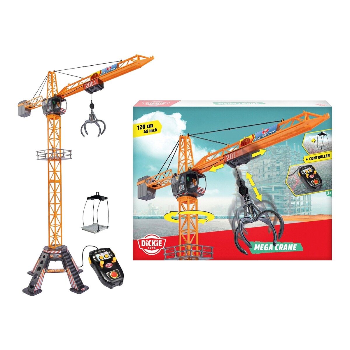 Byggekran Mega Crane 120 cm med kabelfjernstyring og lastetrage