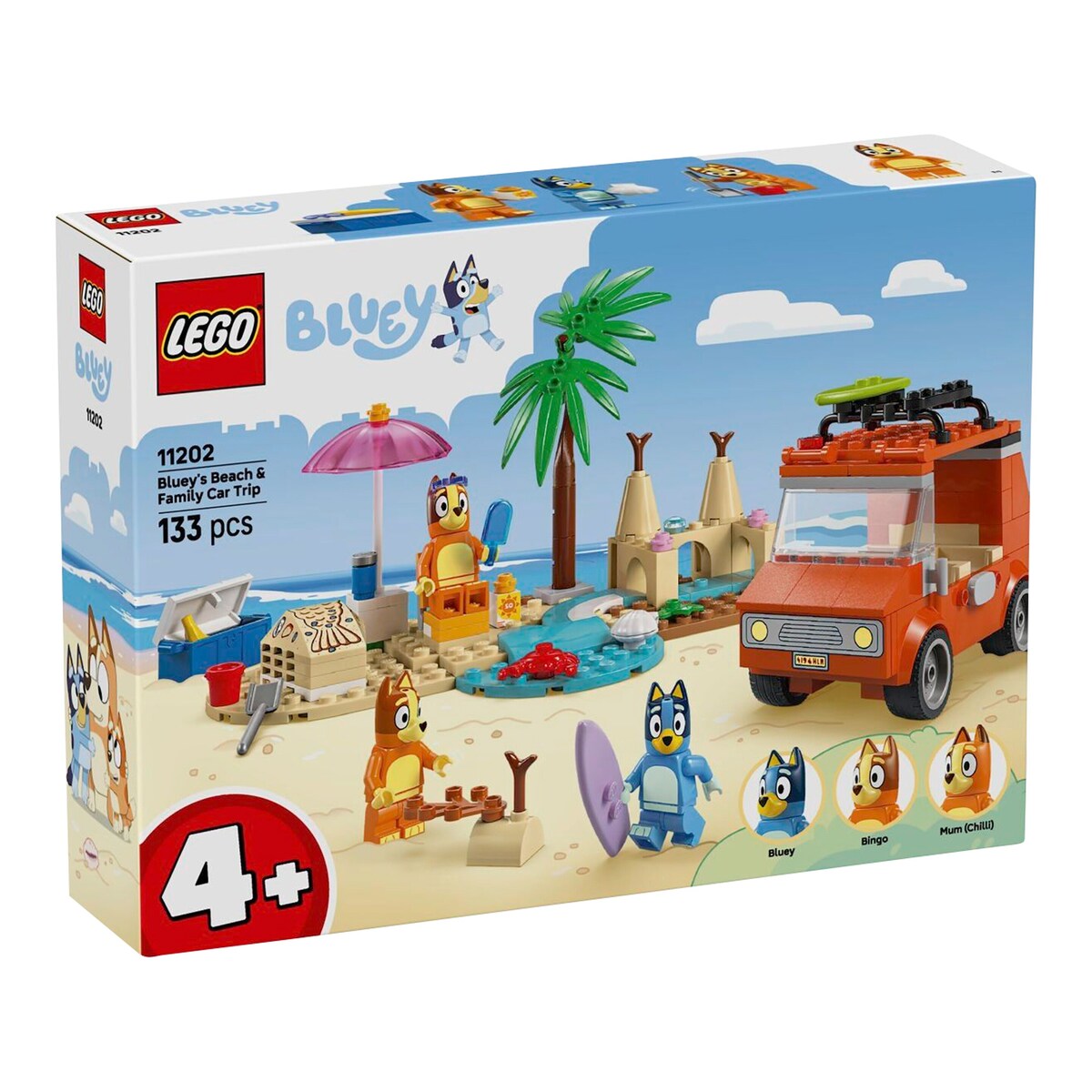 Byggesett Blueys strandtur 11202 front med bil og minifigurer