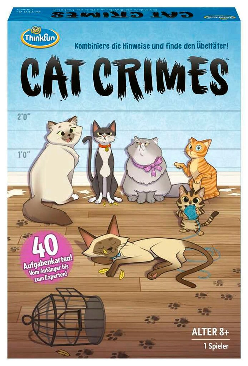 Cat Crimes logikkspill forfra med spillbrett og figurer