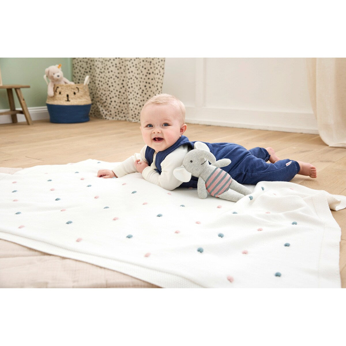 Babyteppe strikk med gritering elefant 80x100 cm bomull - BORNINO HOME