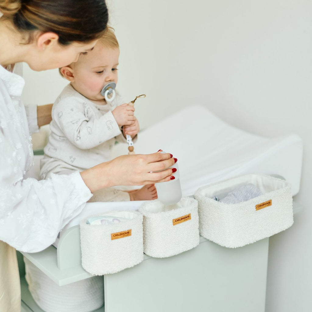 Oppbevaringskurver 3-pk i teddystoff med kroker, offwhite - Childhome