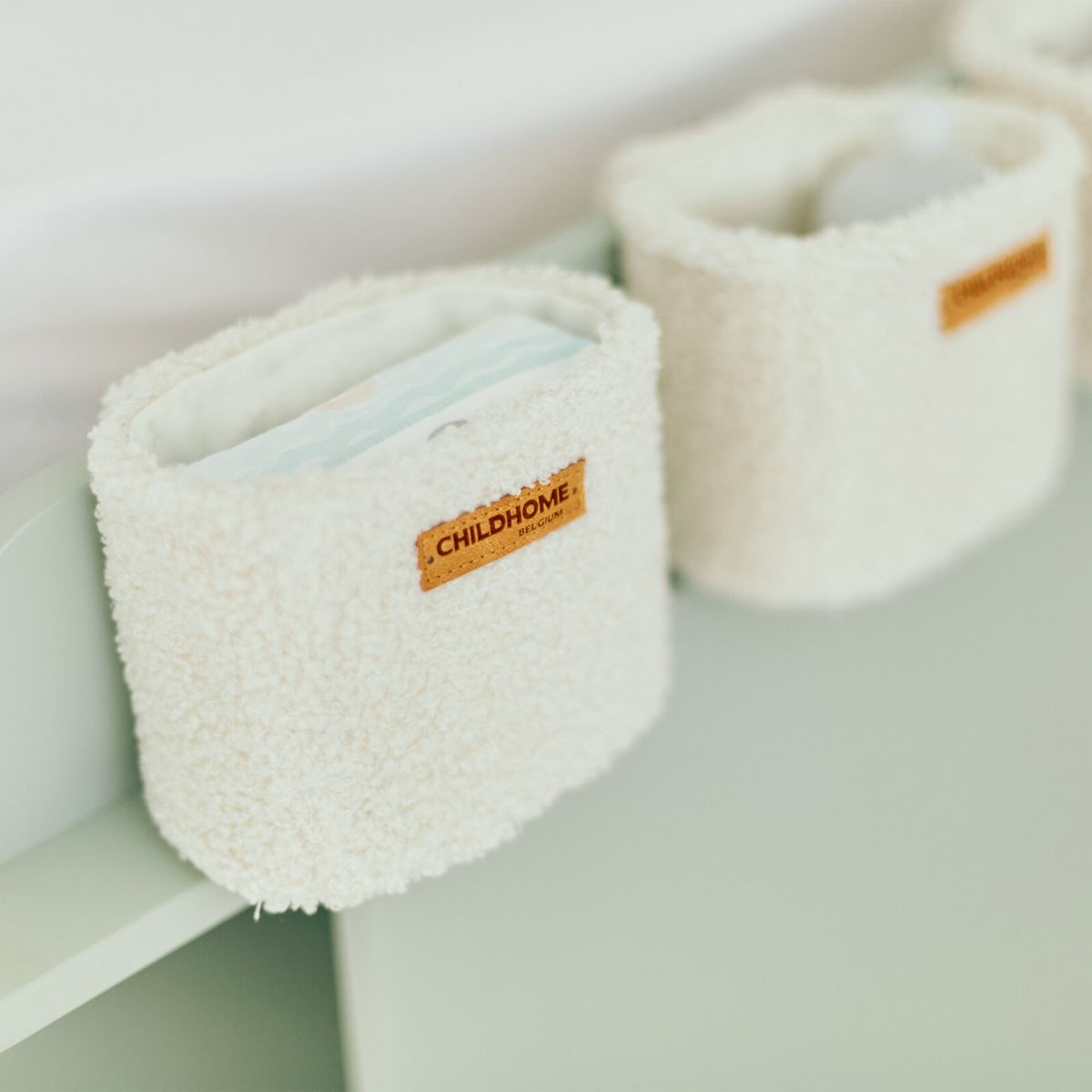 Oppbevaringskurver 3-pk i teddystoff med kroker, offwhite - Childhome