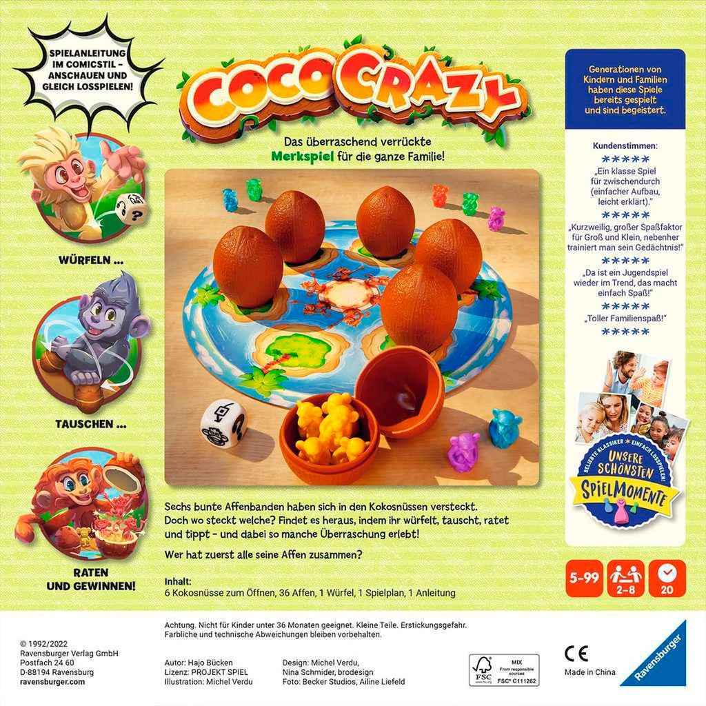 Bakside av Coco Crazy hukommelsesspill med spillkomponenter