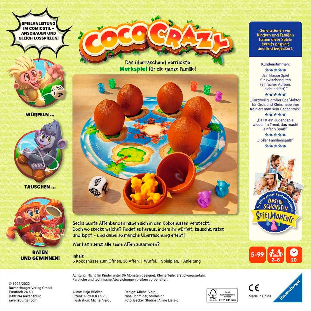Bakside av Coco Crazy hukommelsesspill med spillkomponenter