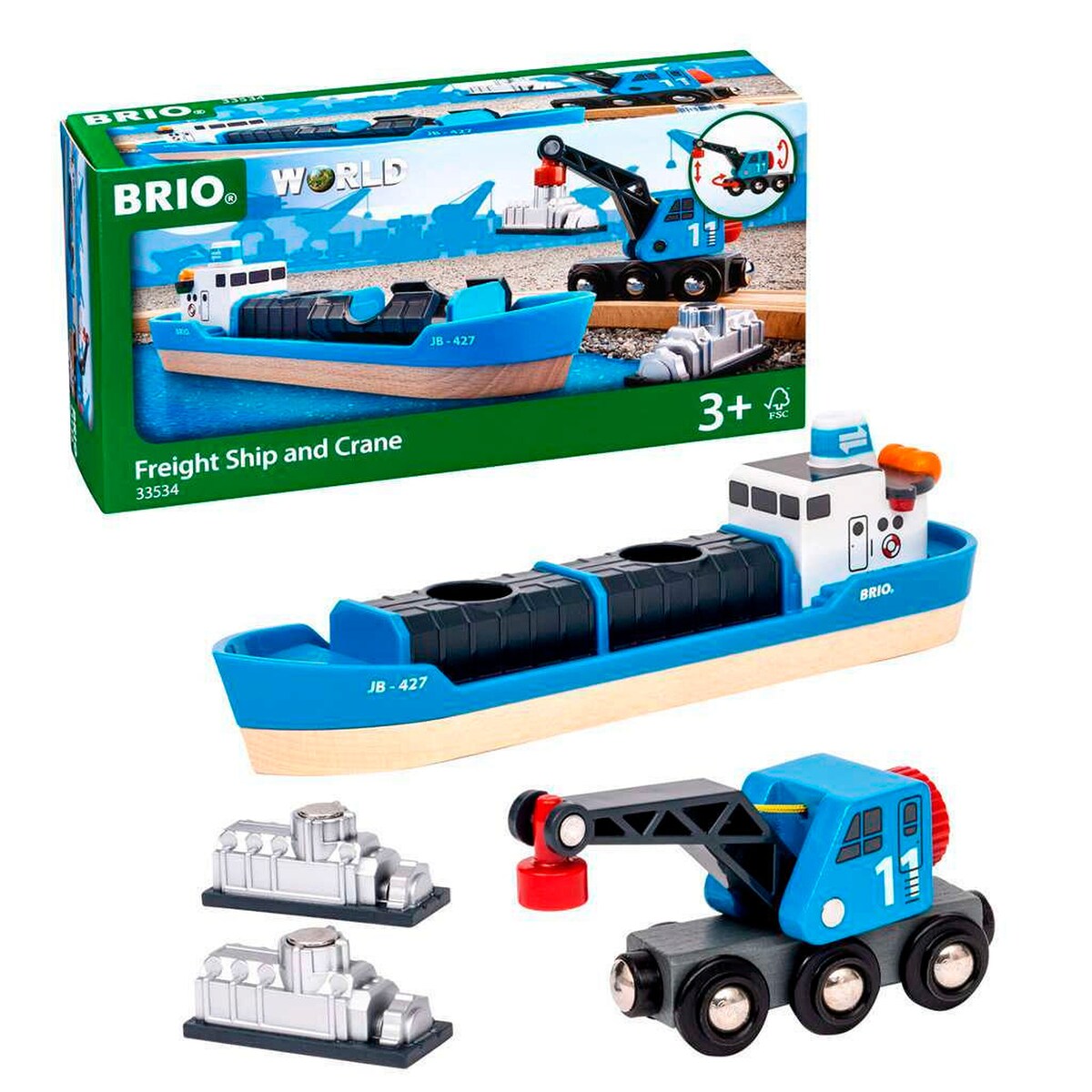 Containerskip med kranbil til togbane - BRIO World forfra