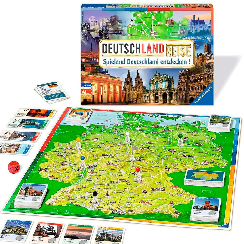 Detaljbilde av kort og terning i Deutschlandreise brettspill