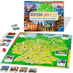 Detaljbilde av kort og terning i Deutschlandreise brettspill