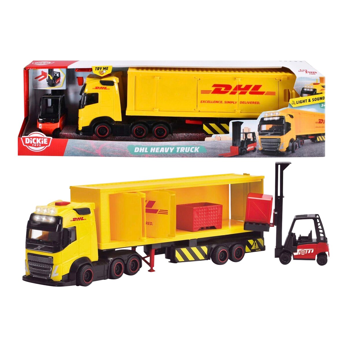 DHL lastebil Volvo FH16 med gaffeltruck forfra