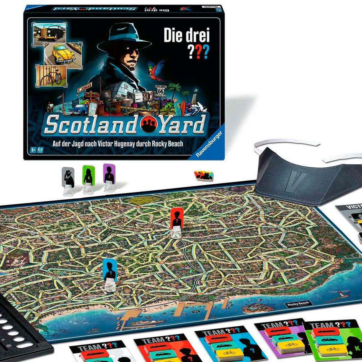 Montert Die drei ??? Scotland Yard brettspill med spilldeler