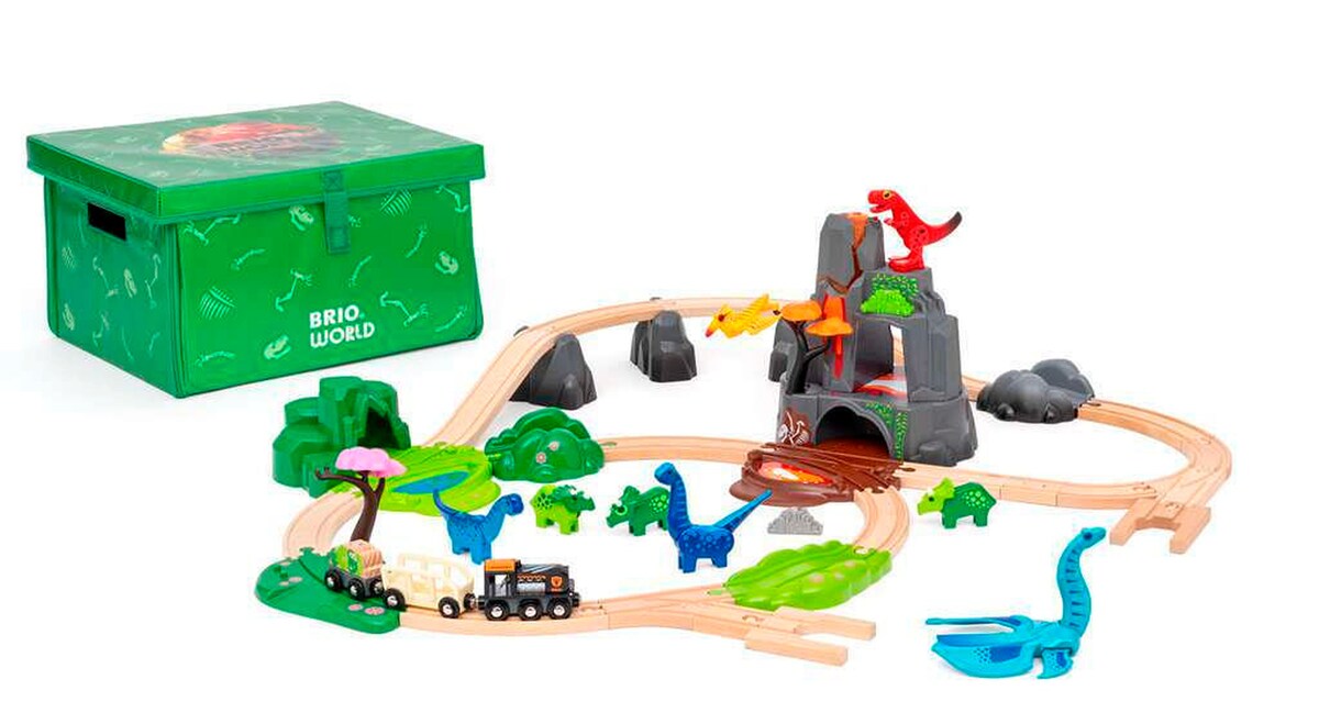 Dinosaur deluxe-sett 45 deler med vulkan og togbane forfra