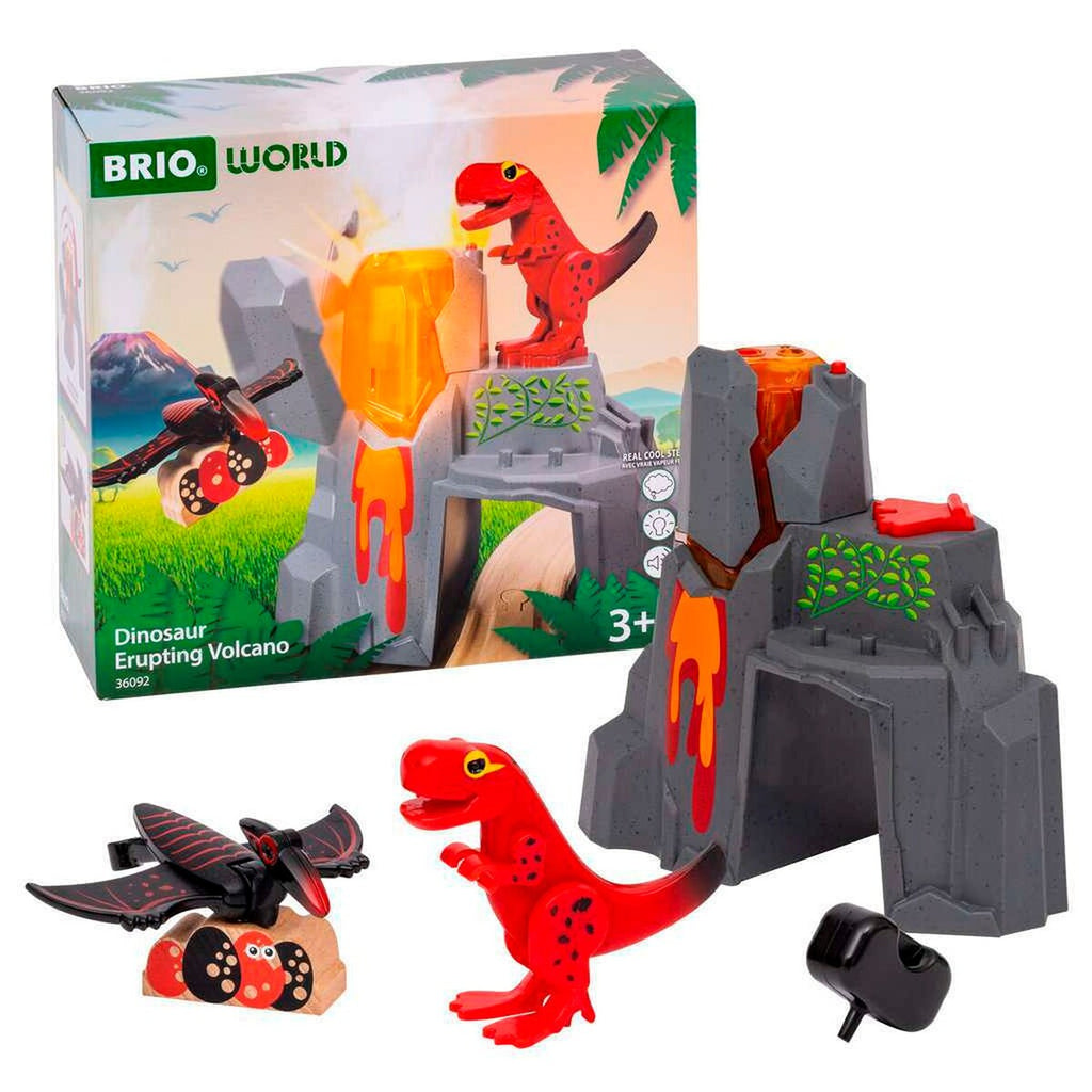 Dinosaurvulkan med utbruddsfunksjon, lys og damp forfra