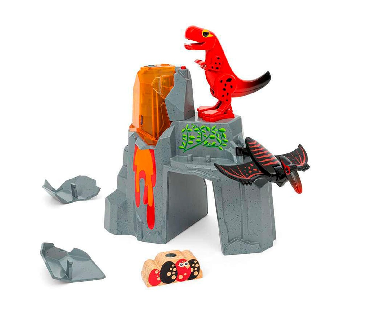 Detalj av dinosaurfigur på Dinosaurvulkan med utbruddsfunksjon, lys og damp