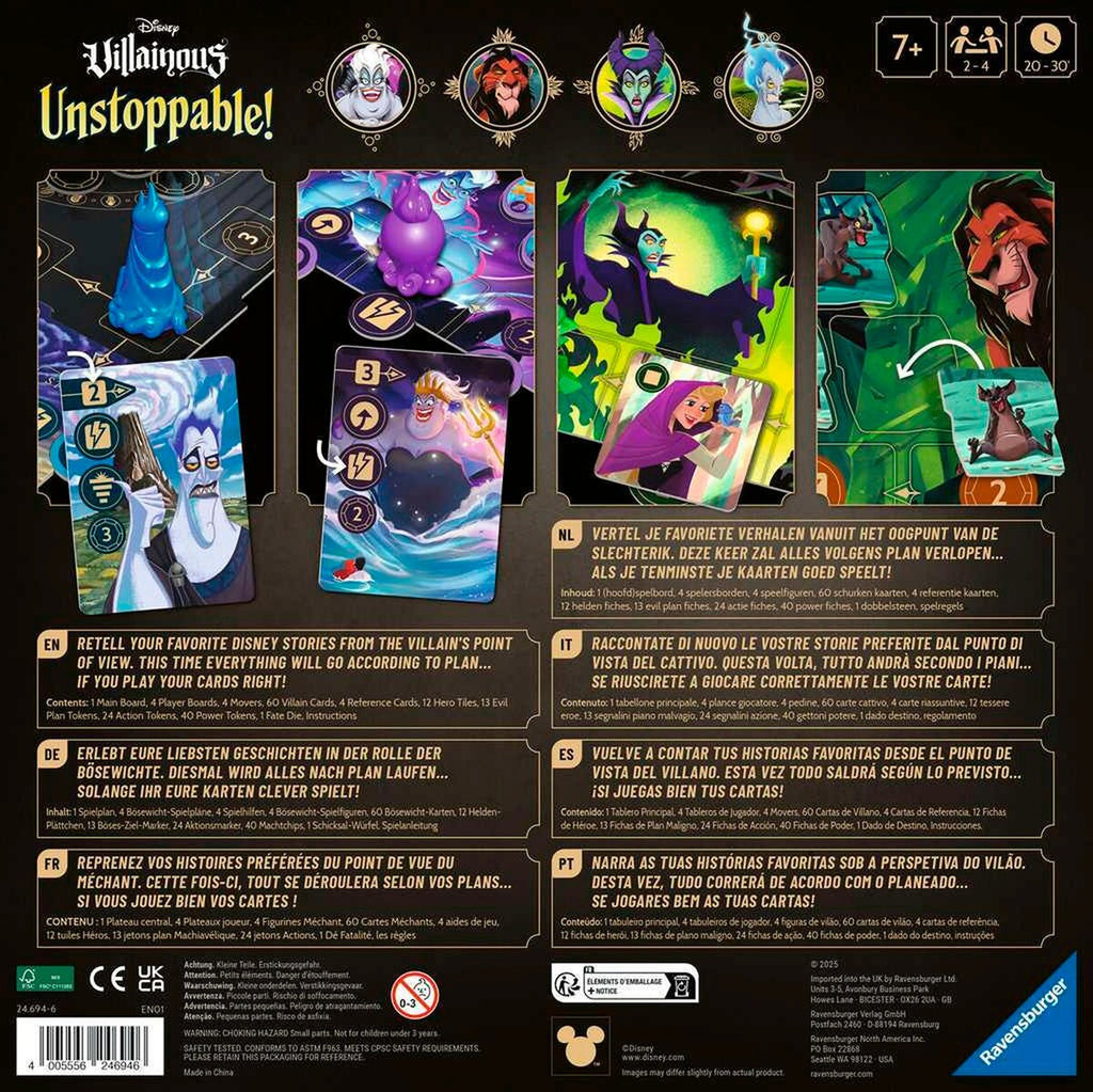 Baksiden av Disney Villainous Unstoppable! brettspill