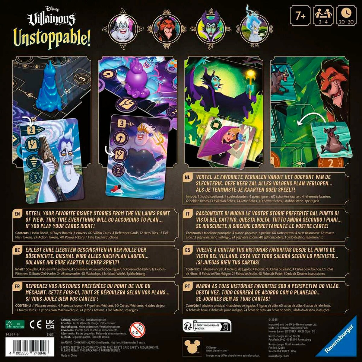 Baksiden av Disney Villainous Unstoppable! brettspill