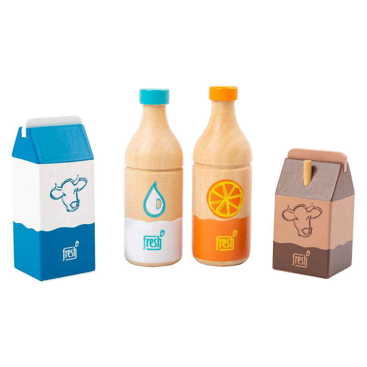 Drikkesett i tre 4 deler med juice, vann, melk og kakao fra small foot vist forfra