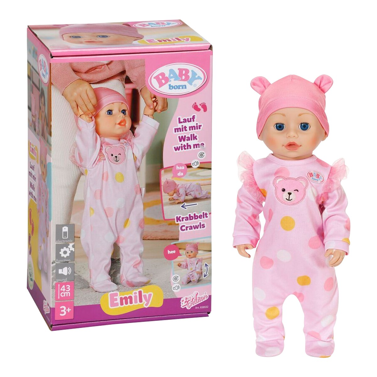 Dukke Emily gå med meg 43 cm forfra