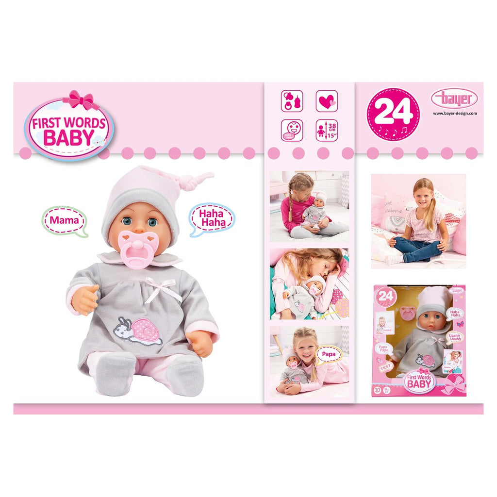 Dukke First Words Baby med 24 lyder 38 cm viser søvnøyne