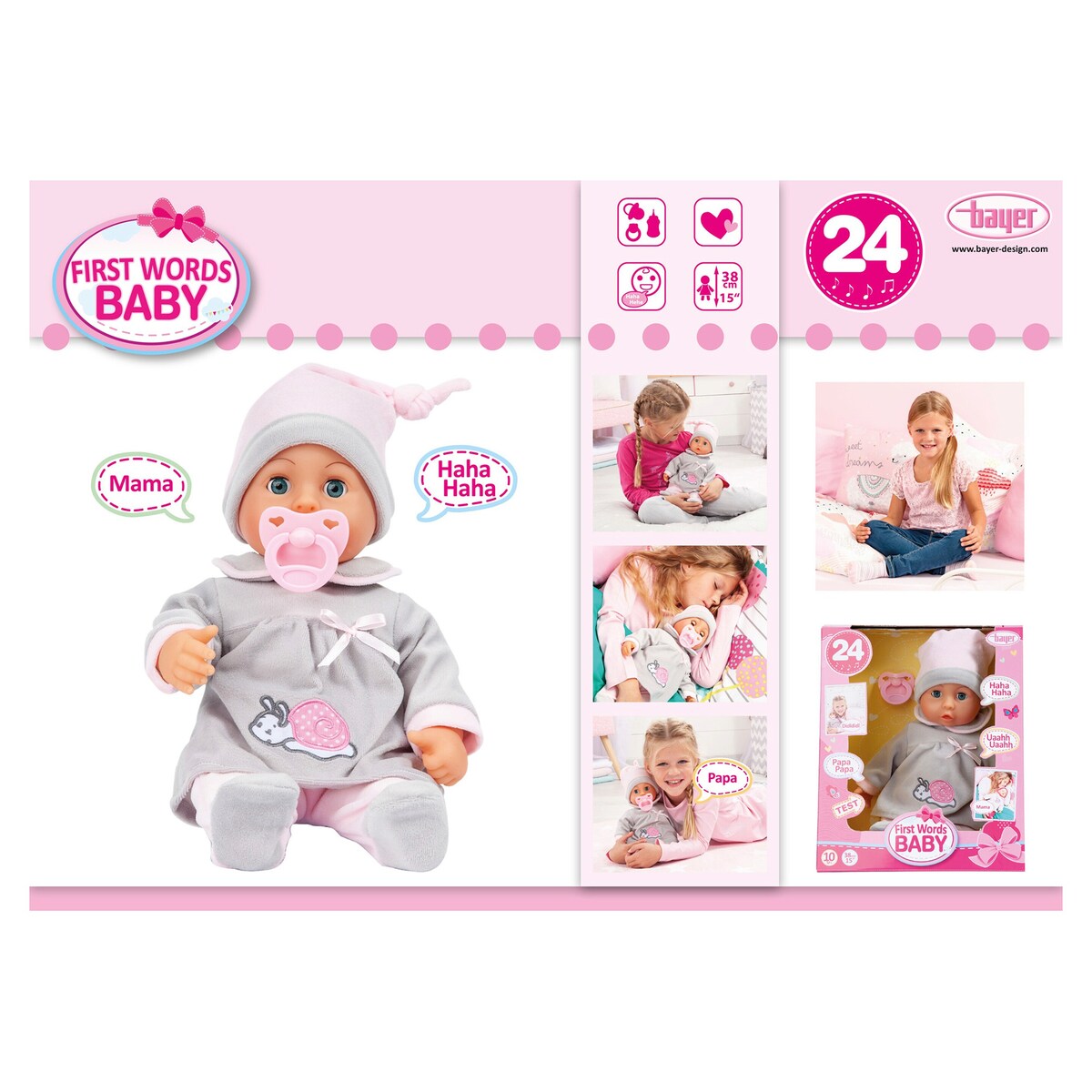 Dukke First Words Baby med 24 lyder 38 cm viser søvnøyne