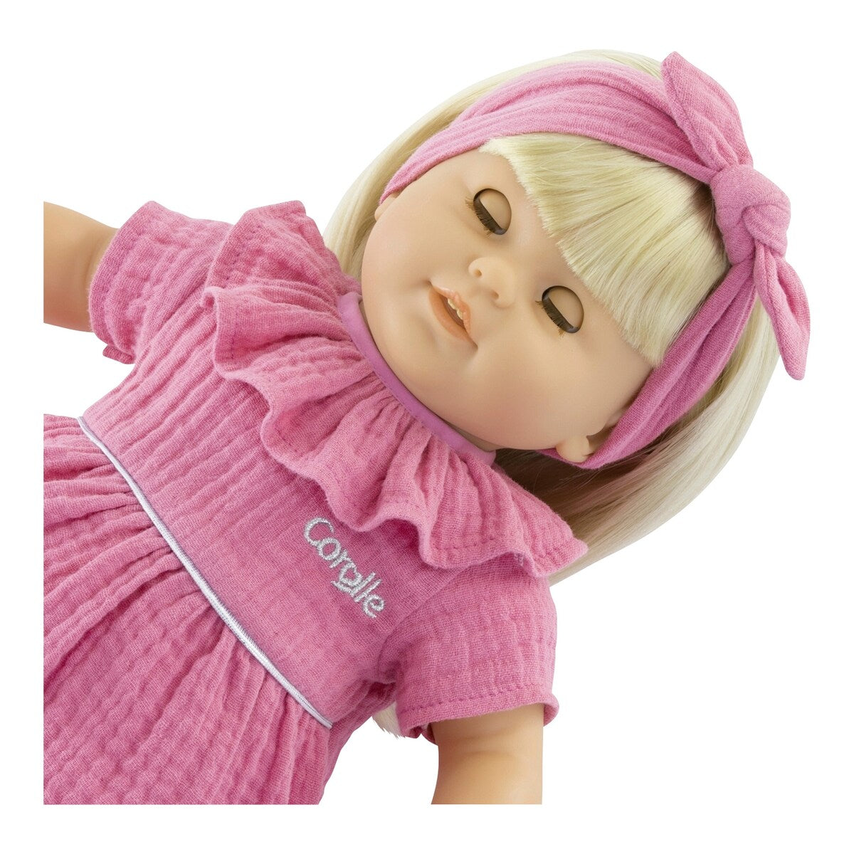 Dukke Jade blond myk kropp 36 cm montert på bord