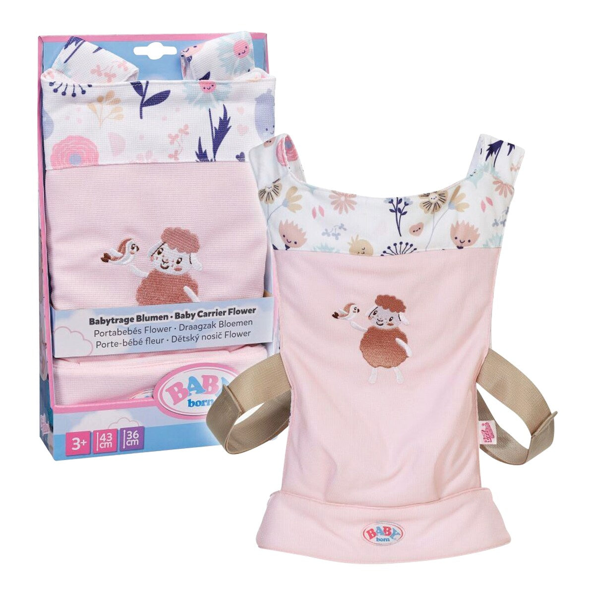 Dukkebæresele for 36 og 43 cm dukker fra 3 år forfra med rosa blomsterdesign