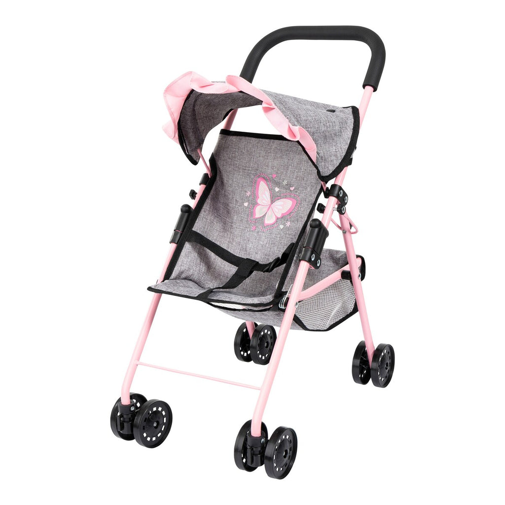 Detalj av sikkerhetssele på dukkebuggy sett med reiseseng, aktivitetsbue og tilbehør