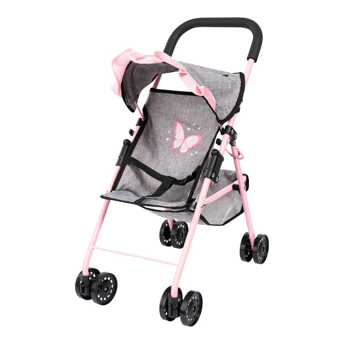 Detalj av sikkerhetssele på dukkebuggy sett med reiseseng, aktivitetsbue og tilbehør