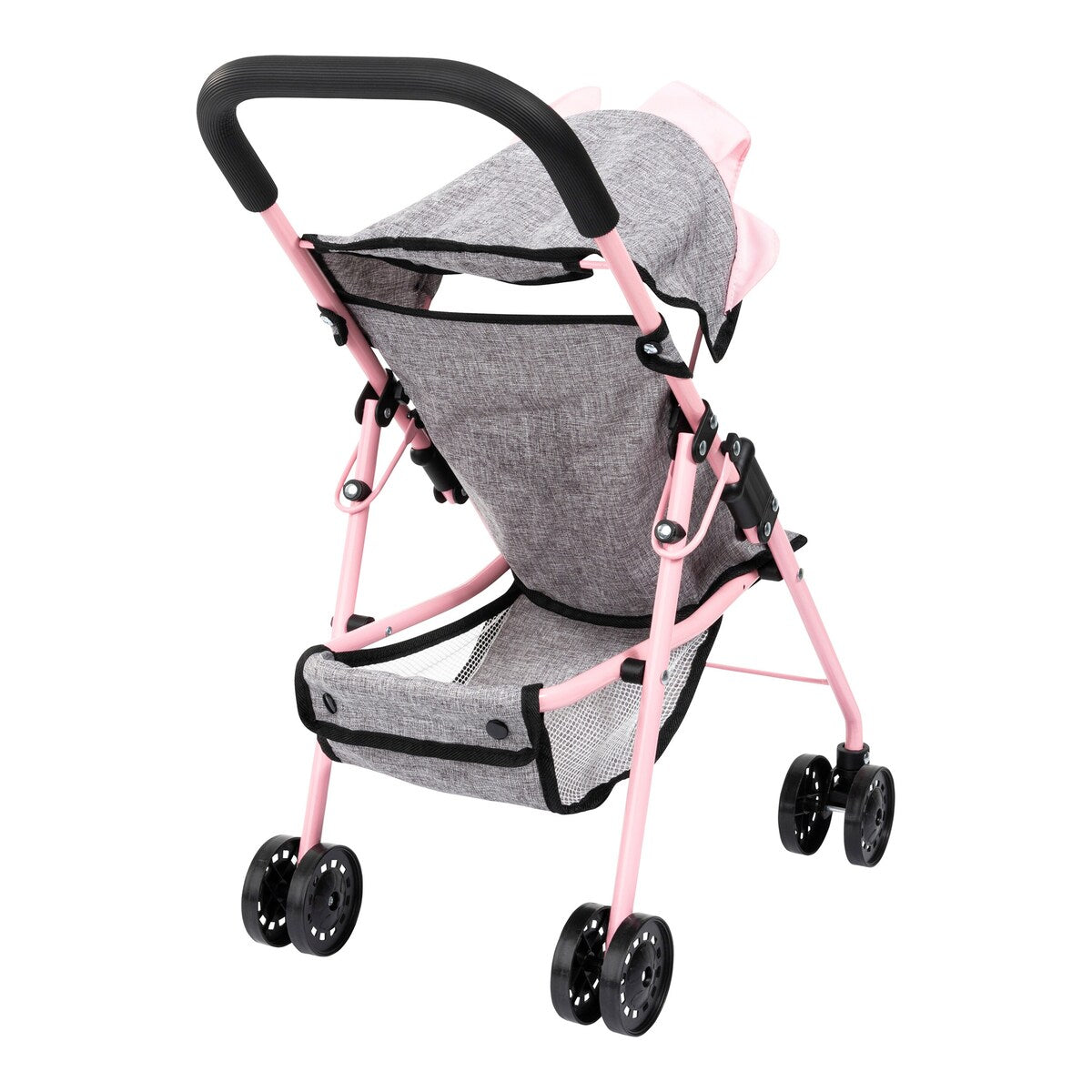 Dukkebuggy sett med reiseseng, aktivitetsbue og tilbehør montert og klar til bruk