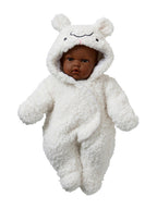 Dukkedress i teddyfleece med hette 30-36 cm bakside