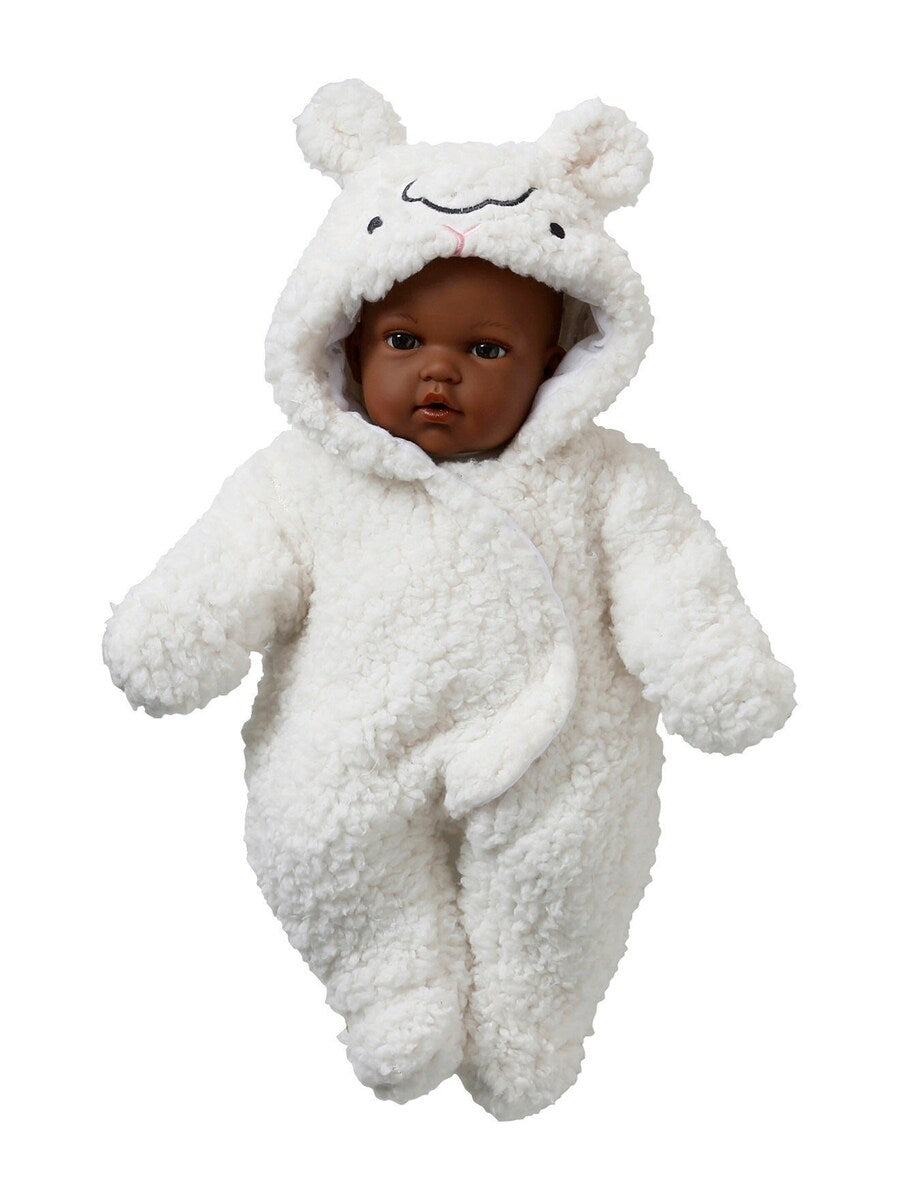 Dukkedress i teddyfleece med hette 30-36 cm bakside