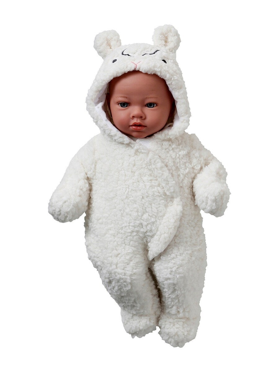 Nærbilde av 3D-ører på dukkedress i teddyfleece