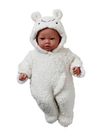 Montert dukkedress i teddyfleece med hette 30-36 cm