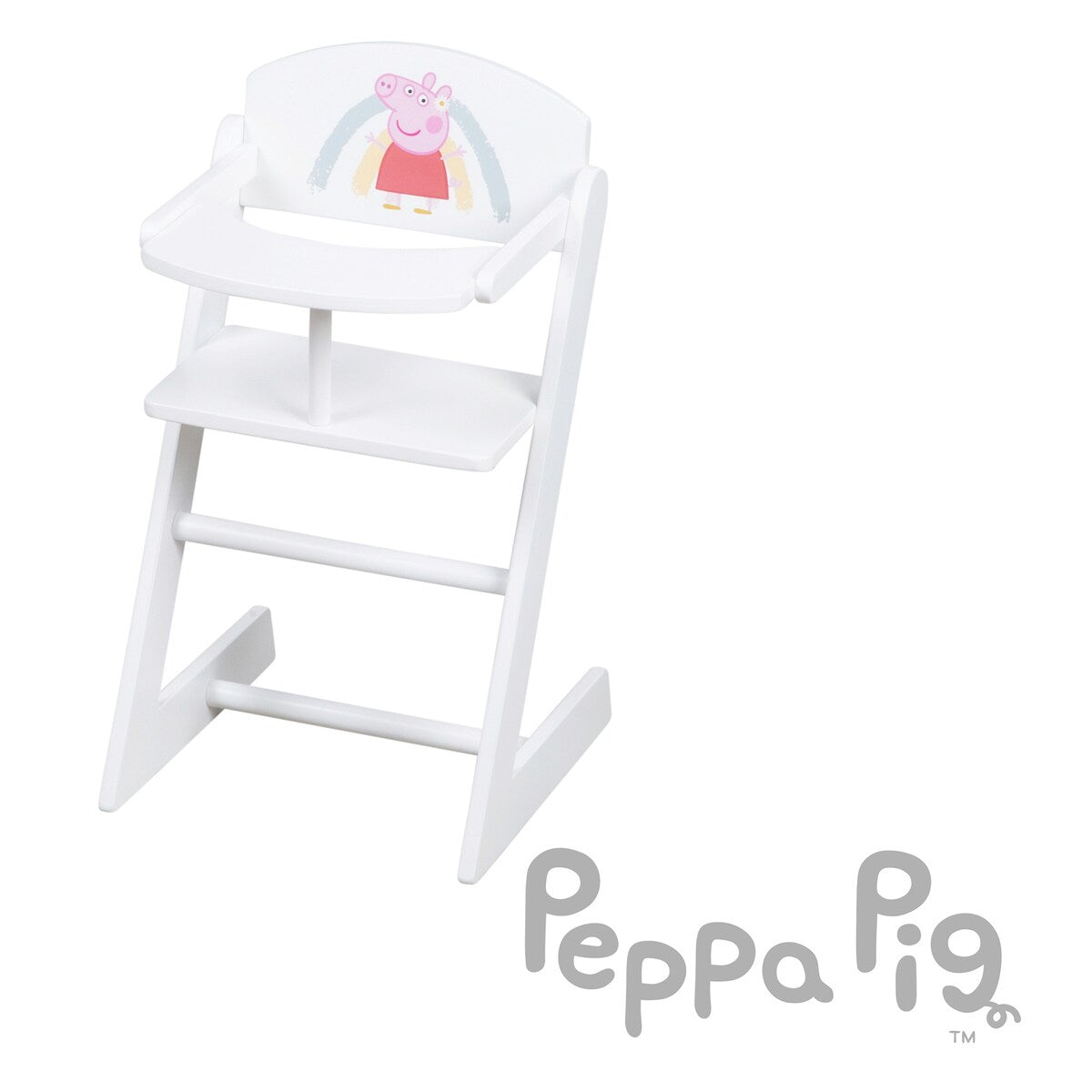 Nærbilde av spisebrett på Dukkehøystol Peppa Pig i tre