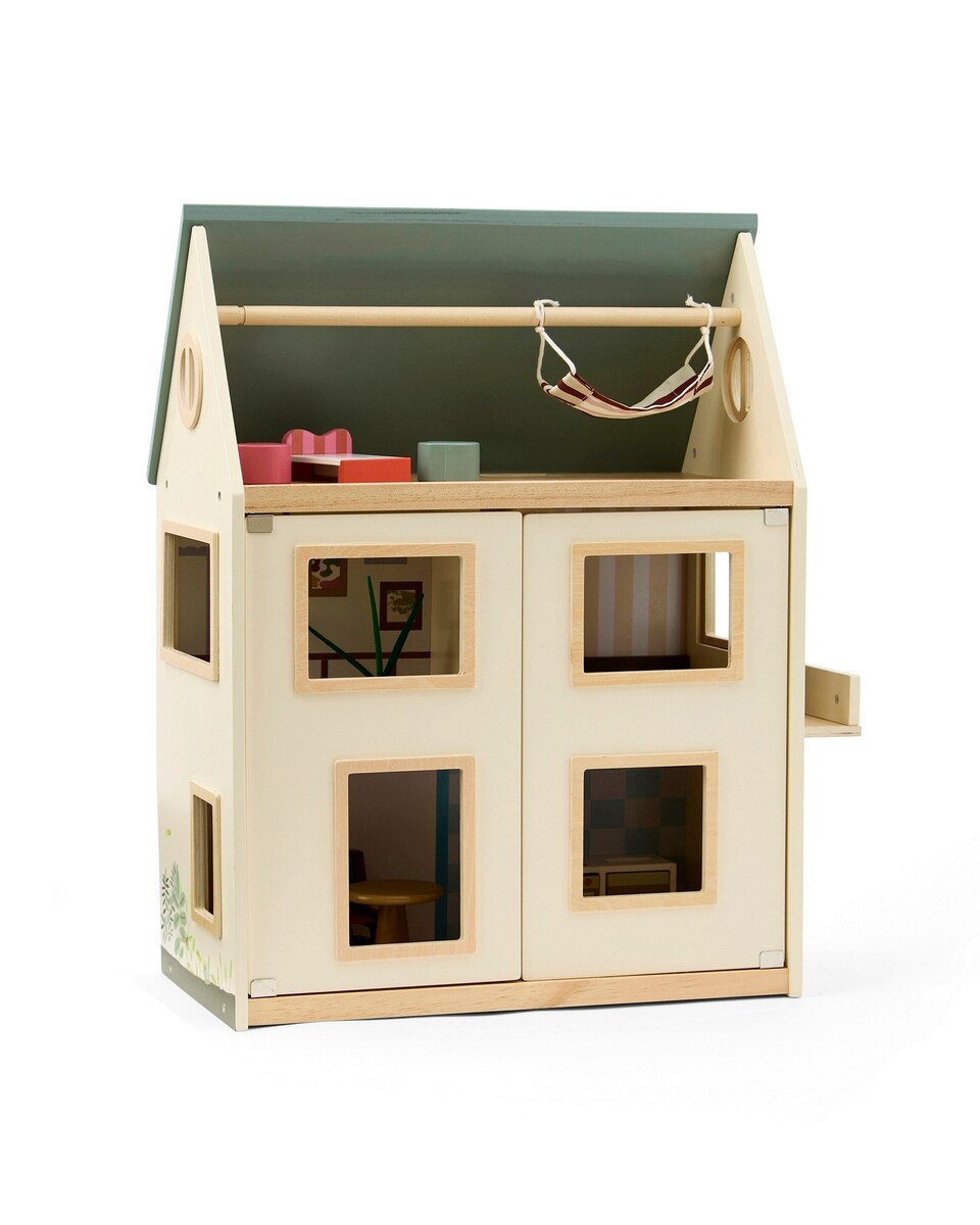 Dukkehus Aiden tre etasjer 46x26x61 cm i tre bakside med dekor